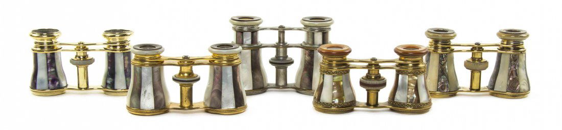 Five Pairs of French Mother-of-Pearl and Abalone: Five Pairs of French Mother-of-Pearl and Abalone Veneered Opera Glasses, one by Lemaire, each having alternating faceted veneers with metal frames. Width of widest 4 inches. Property from the Estate o