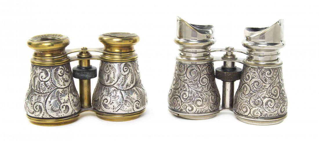 Two Pairs of English Silver Clad Opera Glasses, Width: Two Pairs of English Silver Clad Opera Glasses, one London, the other Birmingham, one marked for Le Jockey Club, Paris, each with stylized scrolling foliate decoration, one with a steel frame, the oth