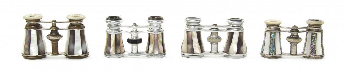 Four Pairs of French Mother-of-Pearl Veneered Opera: Four Pairs of French Mother-of-Pearl Veneered Opera Glasses, two by Lemaire, each having alternating faceted veneers, two with aluminum frames and two with steel frames. Width of widest 3 7/8 inches.