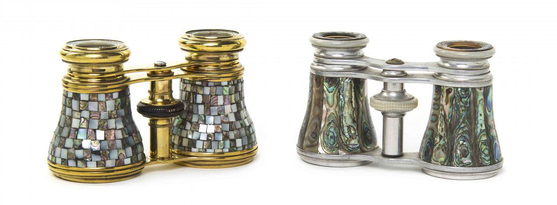 Two Pairs of Continental Abalone Veneered Opera: Two Pairs of Continental Abalone Veneered Opera Glasses, the first in a brass frame with a checkerboard veneer, the second in an aluminum frame with faceted veneers. Width of wider 4 3/8 inches. Prope