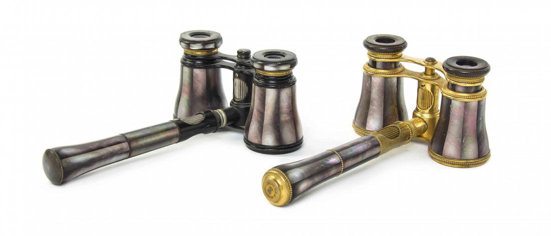 Two Pairs of French Mother-of-Pearl Veneered Opera: Two Pairs of French Mother-of-Pearl Veneered Opera Glasses, comprising one example by Lemaire and one by Colmont, each having faceted veneers and central handle with mother-of-pearl eyepieces, one in
