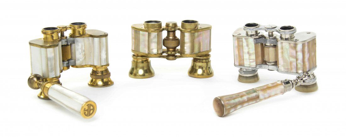 Three Pairs of Continental Mother-of-Pearl Veneered: Three Pairs of Continental Mother-of-Pearl Veneered Opera Glasses, comprising an example by Carl Zeiss, Lemaire and Richard, each having faceted veneers and two with handles, two with brass frames, on