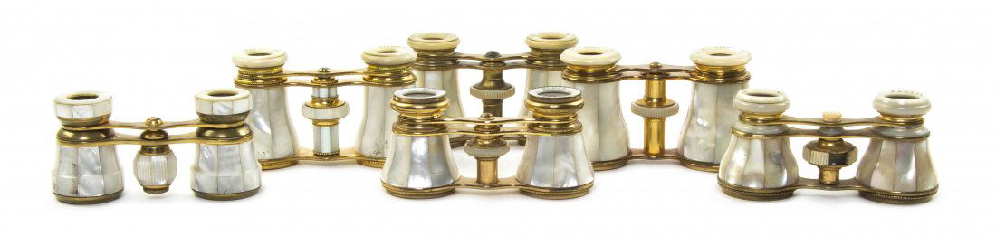 Six Pairs of French Mother-of-Pearl Veneered Opera: Six Pairs of French Mother-of-Pearl Veneered Opera Glasses, comprising three examples by Lemaire, on by Marlin, one by Le Fils, each having faceted veneers with mother-of-pearl eyepieces and focal whe