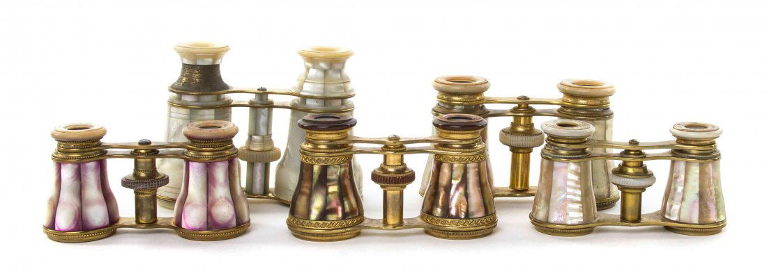 Five Pairs of French Mother-of-Pearl or Abalone: Five Pairs of French Mother-of-Pearl or Abalone Veneered Opera Glasses, comprising one by Lemaire, each having faceted veneers within a brass frame. Width of widest 4 3/8 inches. Property from the Est