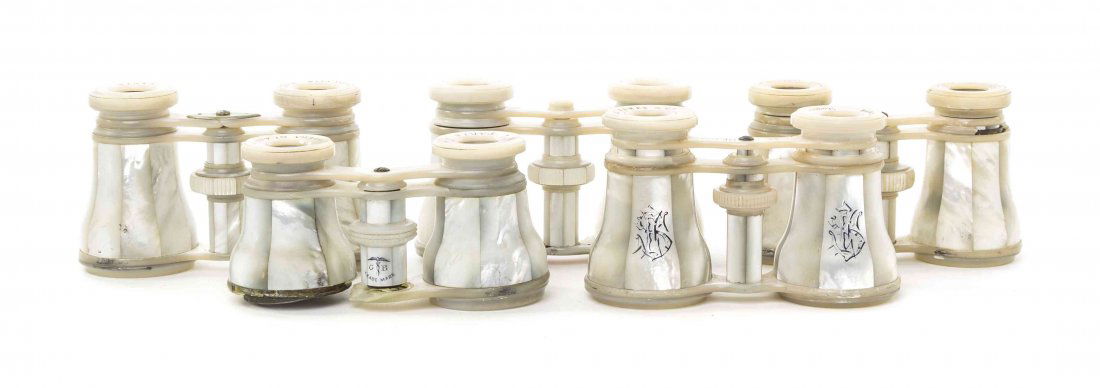 Five Pairs of French Mother-of-Pearl Veneered Opera: Five Pairs of French Mother-of-Pearl Veneered Opera Glasses, comprising two by Lemaire, one by Howell James & Co., one by Bardou & Son, each having mother-of-pearl faceted cylinders and frame. Width o