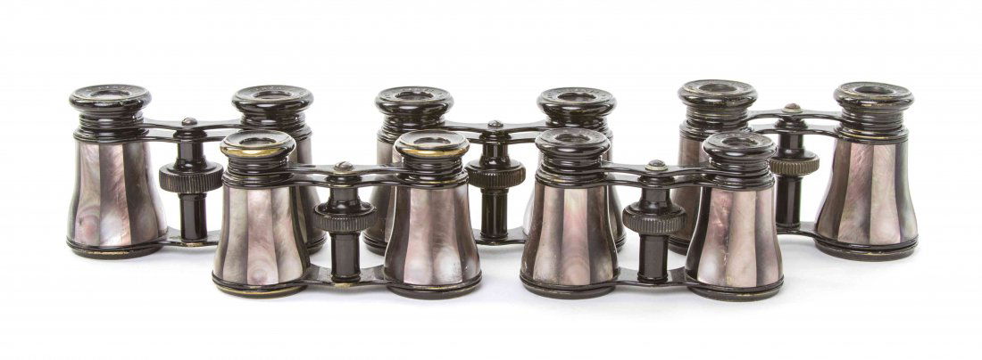 Five Pairs of French Mother-of-Pearl Veneered Opera: Five Pairs of French Mother-of-Pearl Veneered Opera Glasses, Lemaire, each having grey faceted veneers within an ebonized frame. Width of widest 4 inches. Property from the Estate of Mr. Mark Fritz, W