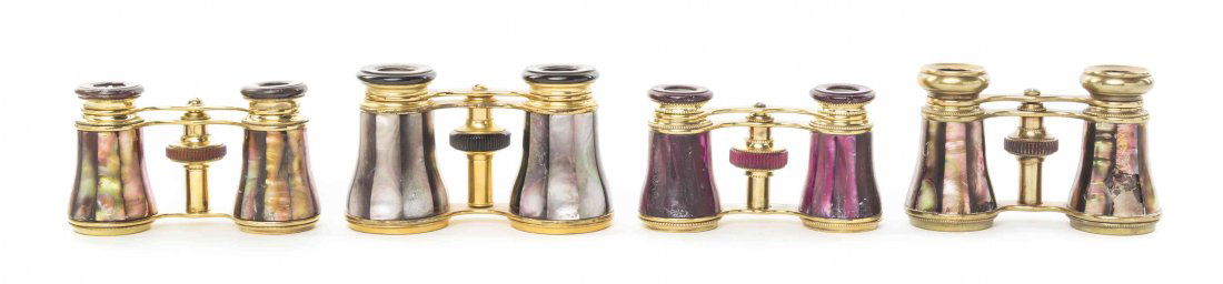 Four Pairs of French Mother-of-Pearl Veneered Opera: Four Pairs of French Mother-of-Pearl Veneered Opera Glasses, comprising one by Lemaire and one by Iris, each having faceted veneers in various colors with a brass frame. Width of widest 4 1/8 inches.