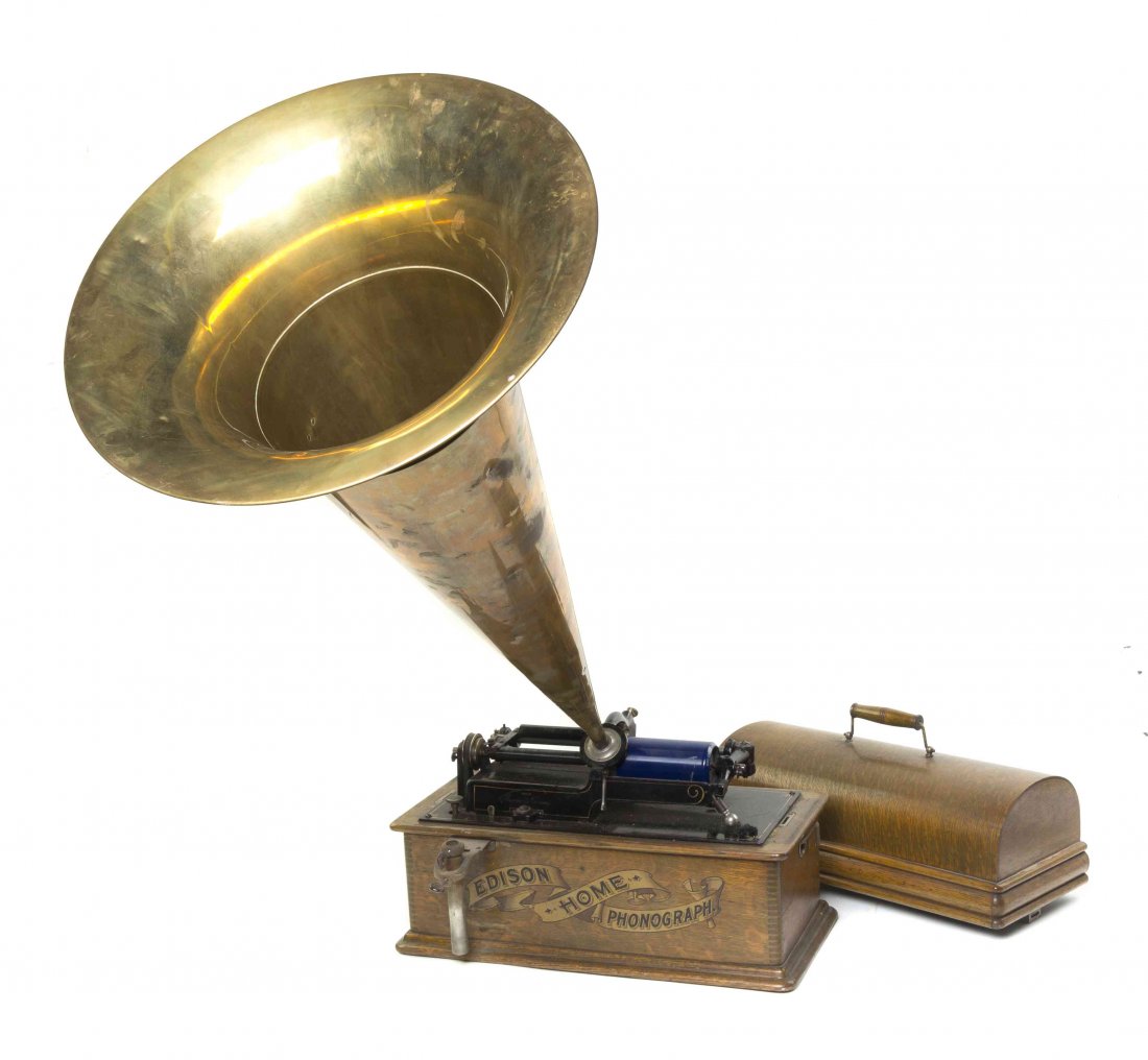 An Edison Phonograph, Width of case 18 inches.: An Edison Phonograph, set in an oak case with a horn and cover. Width of case 18 inches. Property from the Estate of Grayce Haning, East Peoria, Illinois