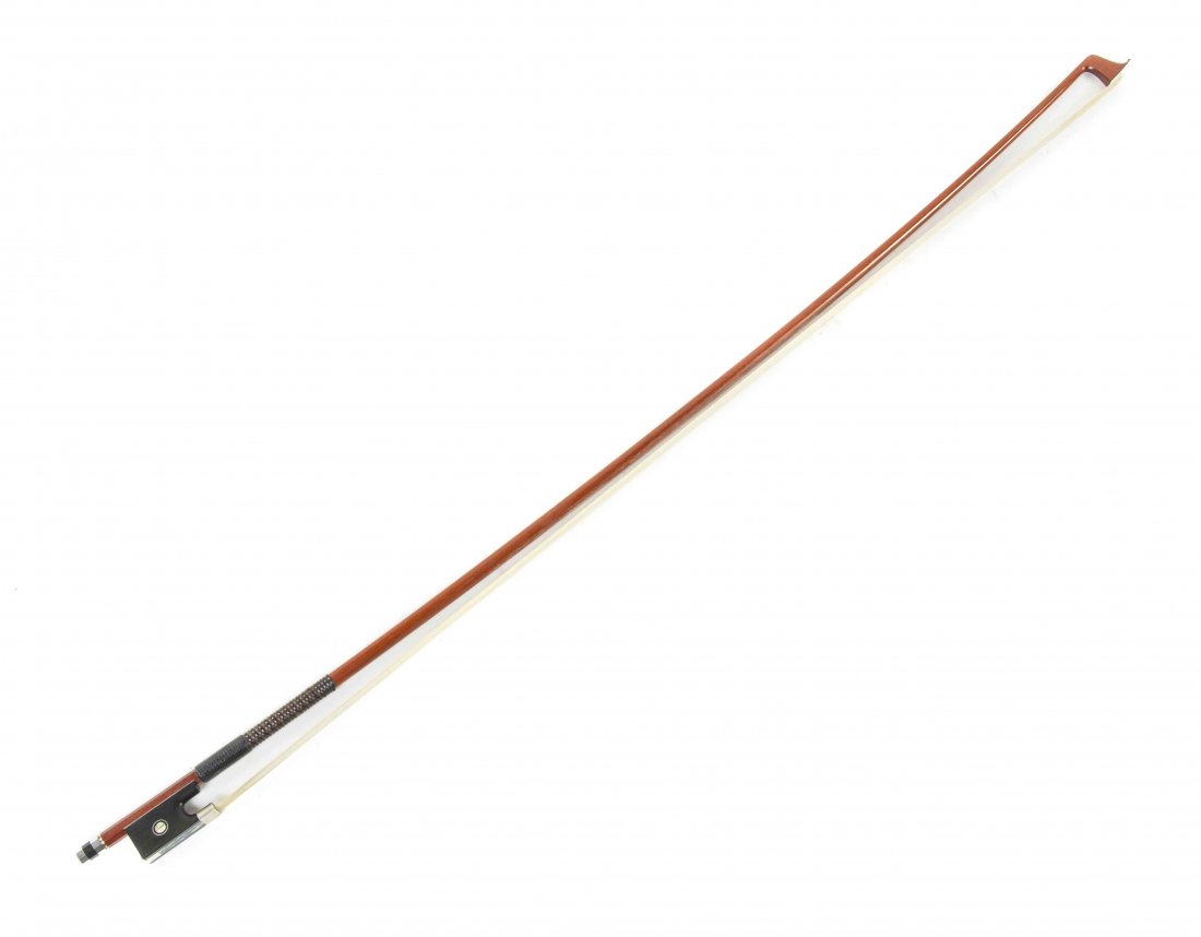 An American Violin Bow, R. L. Steenbergen, Length 29: An American Violin Bow, R. L. Steenbergen, having a silvered and ebonized screw and frog, the frog further decorated with mother-of-pearl inlays, stamped R.L. Steenbergen. Length 29 3/8 inches. Proper