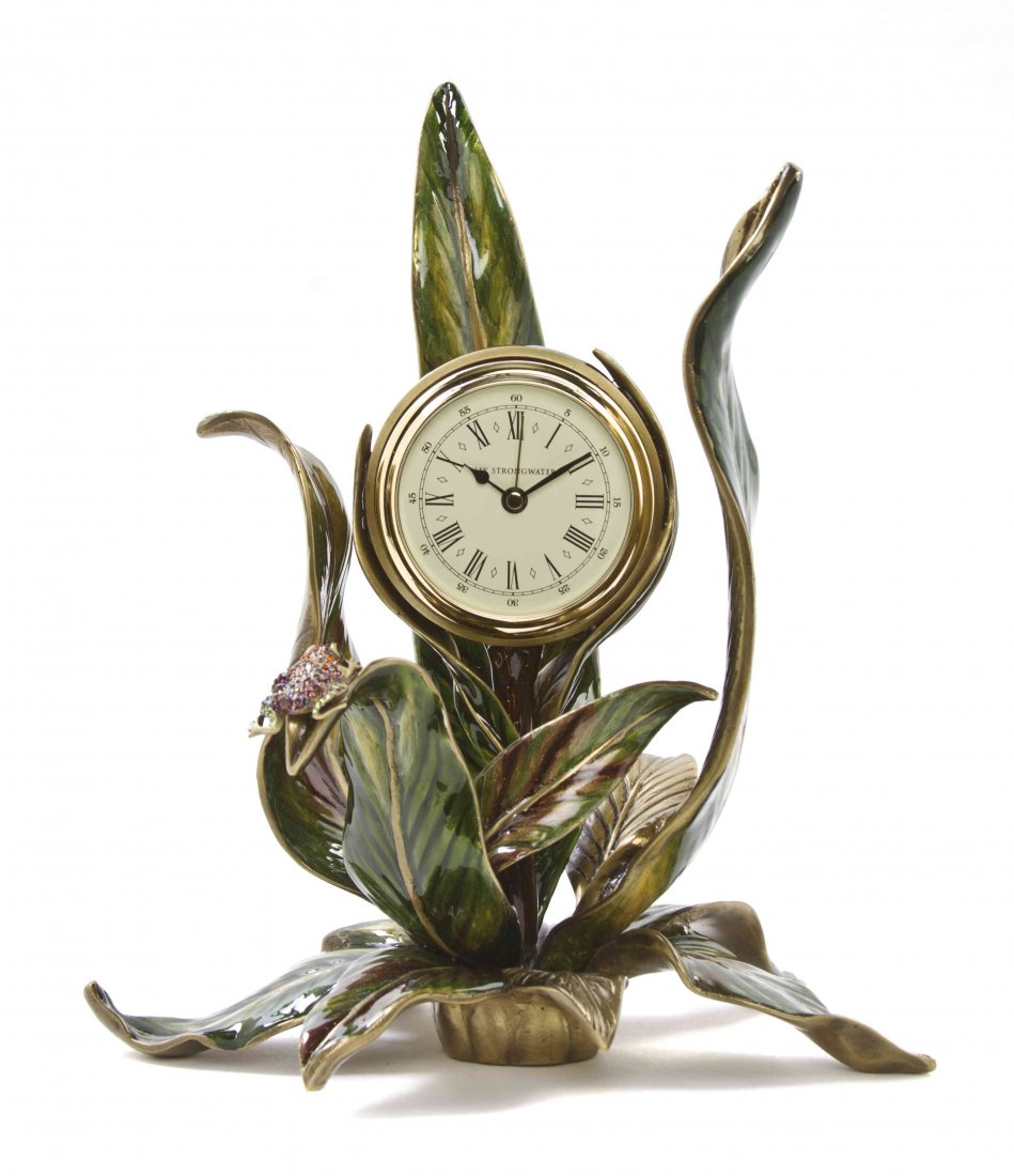 A Jay Strongwater Desk Clock, Height 8 7/8 inches.: A Jay Strongwater Desk Clock, titled Leif, from the Foliage Collection, having a circular dial with Roman hours and Arabic minutes, within enameled leaves, having an applied crystal encrusted frog, wi