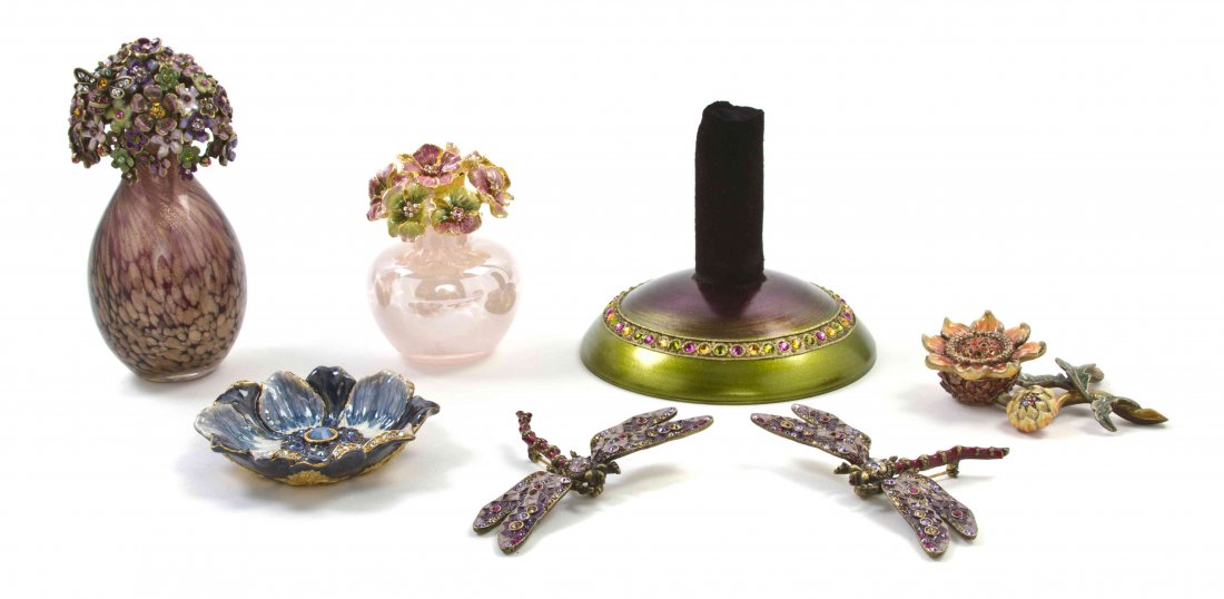 A Collection of Five Jay Strongwater Articles, Height: A Collection of Five Jay Strongwater Articles, comprising a pen tray titled Tara from the Nottingham Collection in the form of an anemone, a diminutive box titled Daisy from the Fiji Collection in the