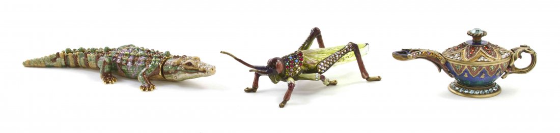 Three Jay Strongwater Table Articles, Length of longest: Three Jay Strongwater Table Articles, comprising a grasshopper titled Alejandro from the Hot House Collection with a glass body, a lantern form diminutive box titled Alibaba from the Sultana Collectio