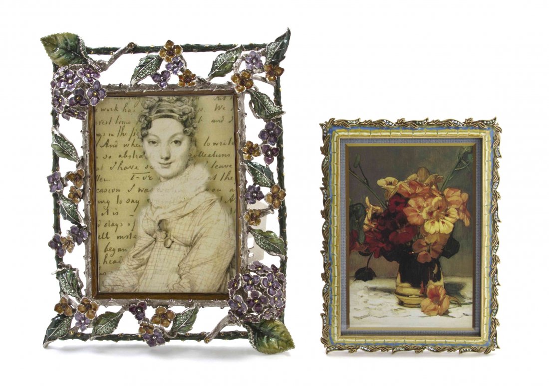 Two Jay Strongwater Picture Frames, Height of taller 11: Two Jay Strongwater Picture Frames, including Faye from the Flourish Collection, having polychrome enamel and crystal hydrangea decoration and Annie from the Tuscany Collection, having pulled polychro