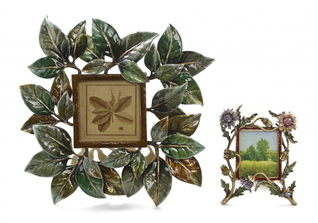 Two Jay Strongwater Picture Frames, Height of taller 5: Two Jay Strongwater Picture Frames, comprising Alia from the Meadow Collection and another example, each with polychrome enamel and crystal decoration, with original fitted box. Height of taller 5 3/4