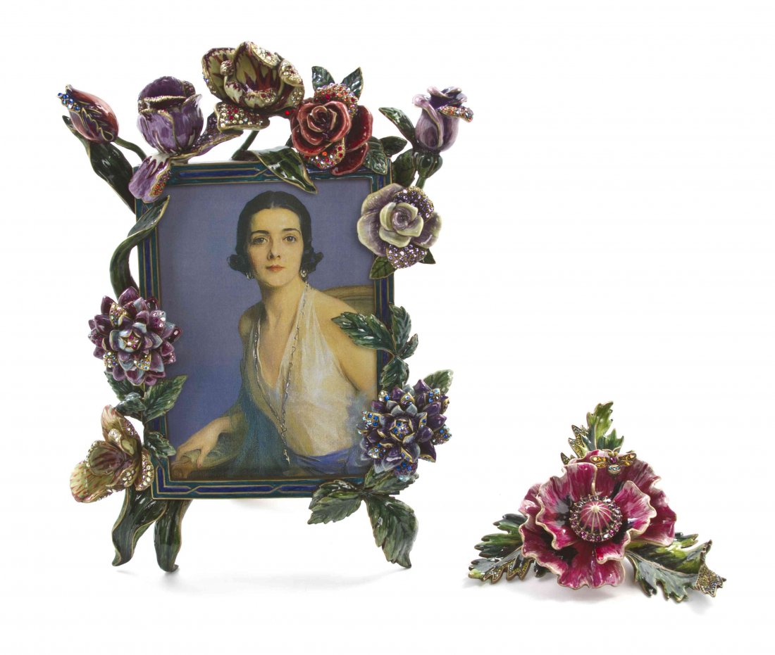 A Jay Strongwater Bouquet Frame, Height of taller 11: A Jay Strongwater Bouquet Frame, having polychrome enamel and crystal decorated flowers, together with a poppy table object titled Juliana from the Fiji Collection, each with original fitted box. Heig