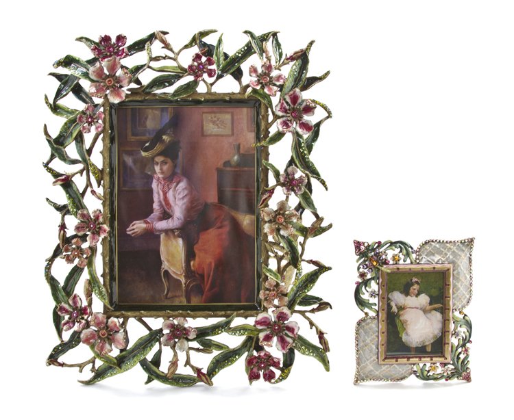 Two Jay Strongwater Picture Frames, Height of taller 12: Two Jay Strongwater Picture Frames, comprising a polychrome enamel and crystal foliate decorated example, limited edition 60/350, the second Joie from the Flora and Fauna Collection having polychrome 