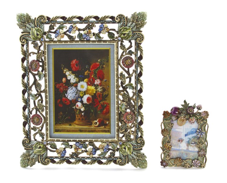 Two Jay Strongwater Picture Frames, Height of taller 11: Two Jay Strongwater Picture Frames, each from the Tuscan Collection, comprising Valentina and Giacomo, each with polychrome enamel and crystal foliate decoration. Height of taller 11 3/8 inches. <