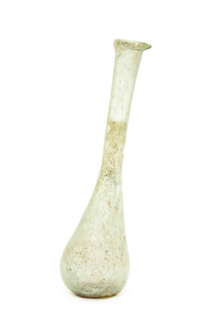 A Roman Glass Flask, Height 4 3/8 inches.: A Roman Glass Flask, of bottle form with green iridescence. Height 4 3/8 inches.