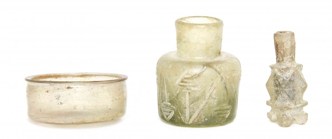 Three Roman Style Glass Articles, Height of tallest 2: Three Roman Style Glass Articles, each of various form and size, comprising a dish, an inkwell and a perfume bottle. Height of tallest 2 7/8 inches. Provenance: Ancient Creations, Las Vegas, Nevada