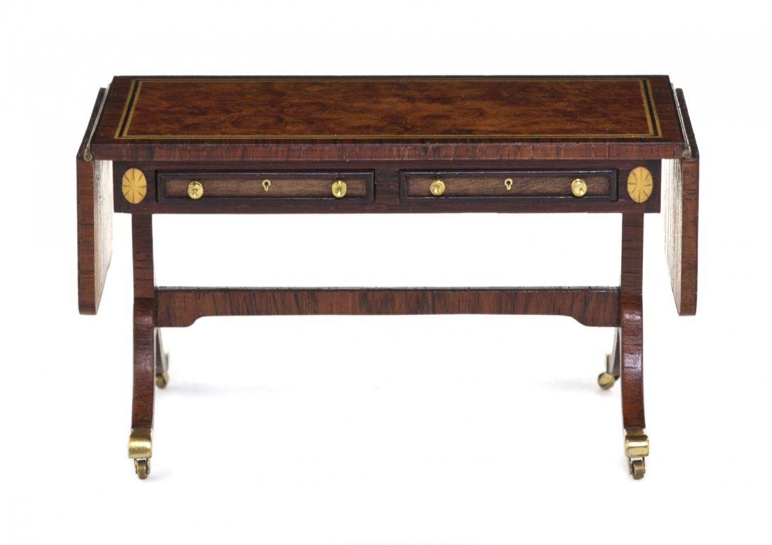 A Regency Style Various Woods Sofa Table, Denis E. W.: A Regency Style Various Woods Sofa Table, Denis E. W. Hillman, having a rectangular top flanked by D-shaped drop-leaves with burlwood and line inlays, over the conforming frieze set with two drawers f