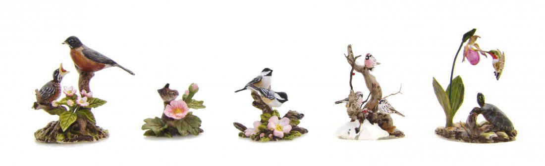 Five Models of Flora and Fauna, Mary McGrath, Height of: Five Models of Flora and Fauna, Mary McGrath, circa 1980s, each depicting various birds and flowers, including black-capped chickadees, ruby-throated hummingbird with a lady slipper orchid and a paint