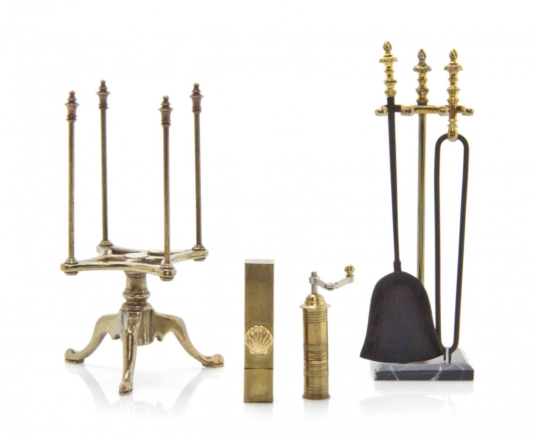 A Fireplace Tool Set, William R. Robertson, Height of: A Fireplace Tool Set, William R. Robertson, having a turned finial and handles, comprising a shovel and a pair of tongs, ending in a marble base, inscribed Wm R. Robertson 1990, together with a revolv