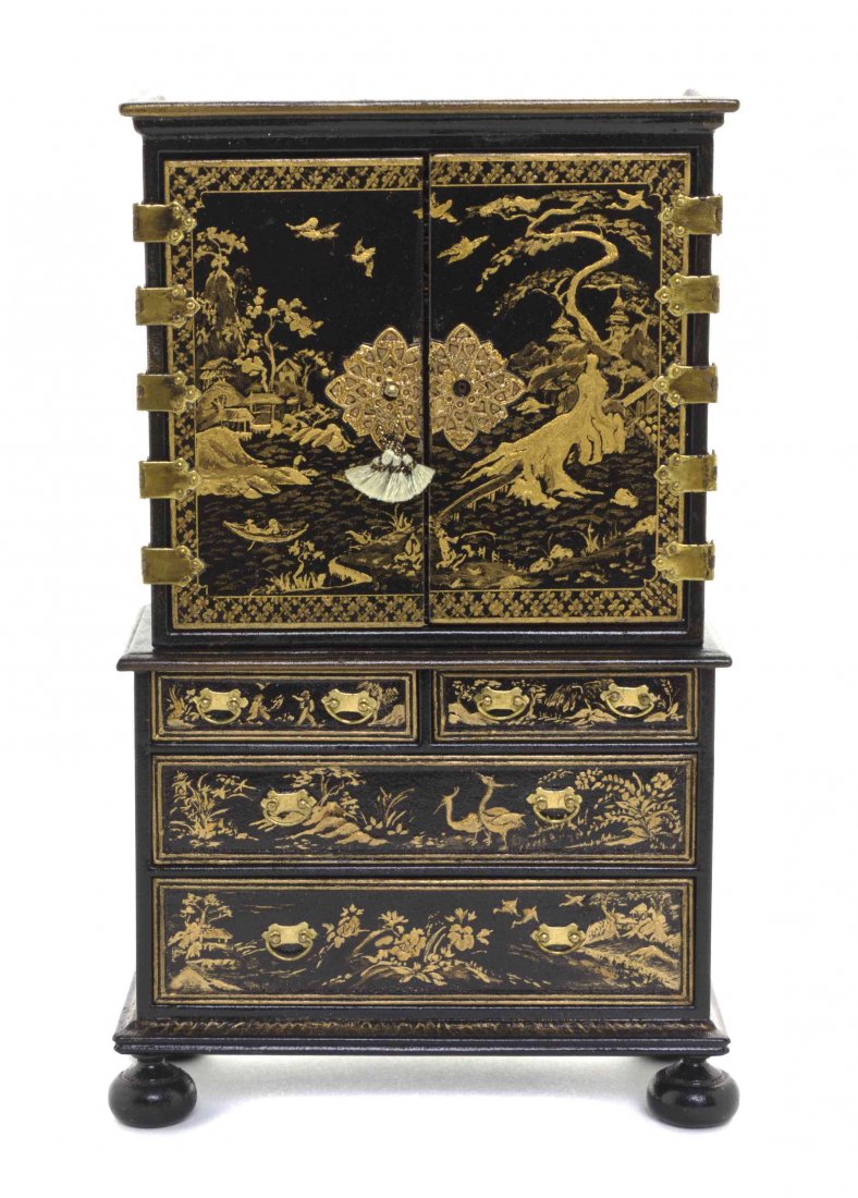 A Queen Anne Style Japanned Cabinet on Chest, F.C.: A Queen Anne Style Japanned Cabinet on Chest, F.C. Cottrell and Linda Wexler, the superstructure having a molded cornice over two doors opening to a series of fitted drawers, the substructure having t