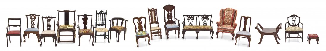 A Collection of Fourteen Miniature Chairs, Height of: A Collection of Fourteen Miniature Chairs, depicting various periods and styles, including examples by Mell Prescott, A. L. Carlisle 1986, Eric H. Pearson, Tom Poitras 7/86 #13, John Ottewill 86, Harr