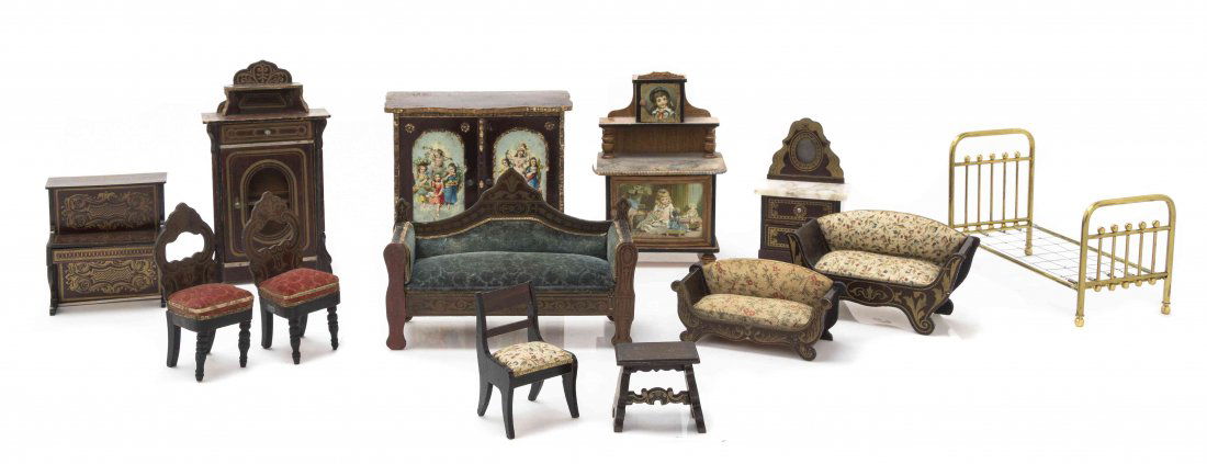 A Collection of Miniature Furniture Articles, Width of: A Collection of Miniature Furniture Articles, comprising three settees, three side chairs, bench, dresser, side cabinet, two buffets, piano and a brass spindle bed; 13 items total. Width of widest 6 1