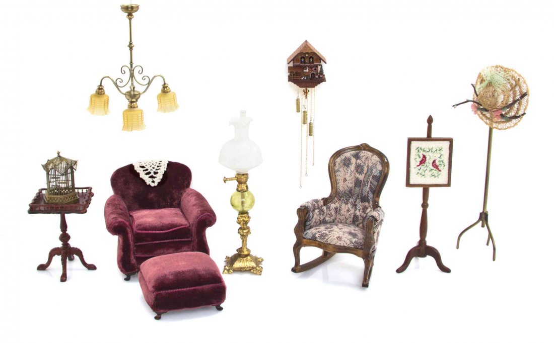 A Group of Furniture and Decorative Articles, Height of: A Group of Furniture and Decorative Articles, comprising a velvet upholstered lounge chair and ottoman by B. Logan, 2000, a rocking chair, a cuckoo clock by Enrique Miniatures, a pole screen, inscribe