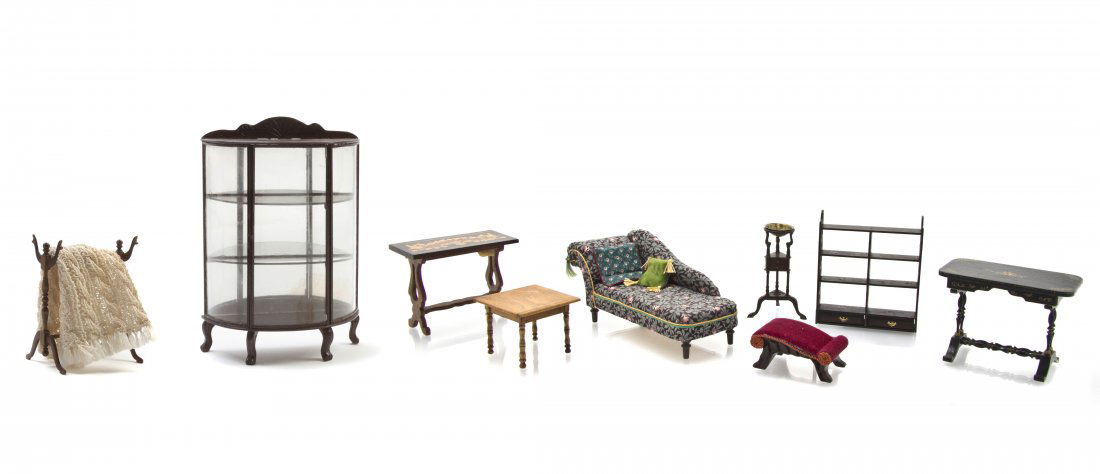 A Collection of Furniture Articles, Height of tallest 6: A Collection of Furniture Articles, comprising a curio cabinet, a chaise lounge, two twin pedestal tables, a low table, washstand, wall etagere, quilt rack with coverlet and a gout stool; nine items t