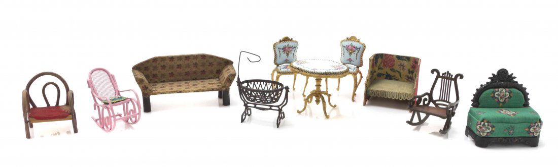 A Collection of Wood and Furniture Articles, Width of: A Collection of Wood and Furniture Articles, comprising rocking chairs, chairs, bassinet, settees, Louis XV style set including a canape, table and two side chairs; 17 items total. Width of widest 4 1