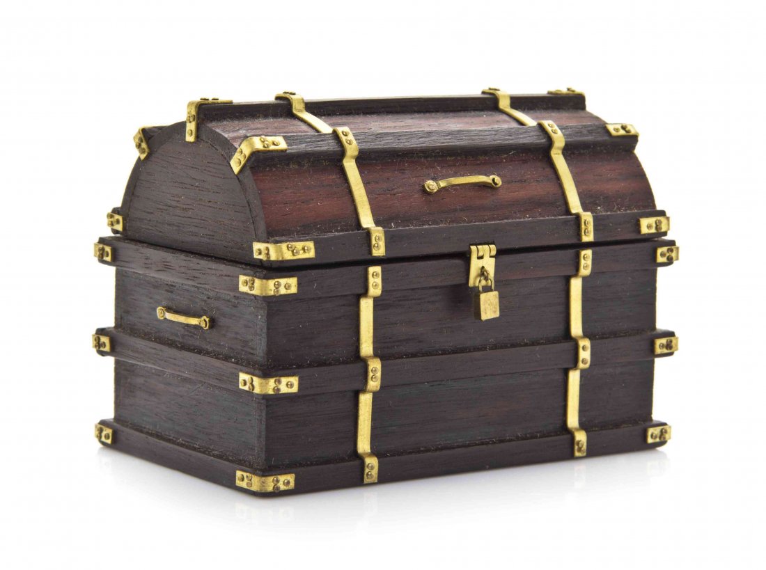 A Brass Bound Trunk, Milton Burden, Width 3 1/8 inches.: A Brass Bound Trunk, Milton Burden, Basking Ridge, New Jersey, of domed ribbed form, the hinged lid opening to a fitted insert, having a lock for the front latch. Width 3 1/8 inches. The Adell Venus C
