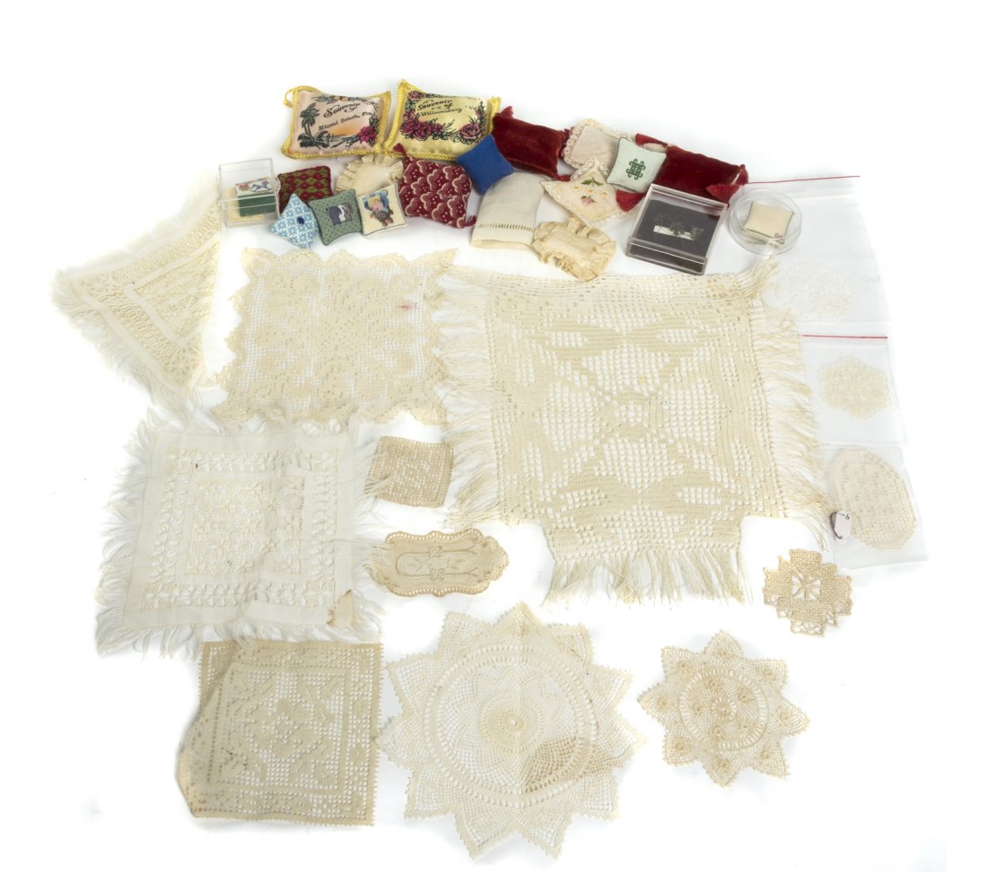 A Group of Various Decorative Articles, Length of: A Group of Various Decorative Articles, comprising rugs, pillows, including two initialed G.R., doilies, laces, including Doris Marie Gerard, needlepoints, including one by Leona A. Thibault (2/4/84) 