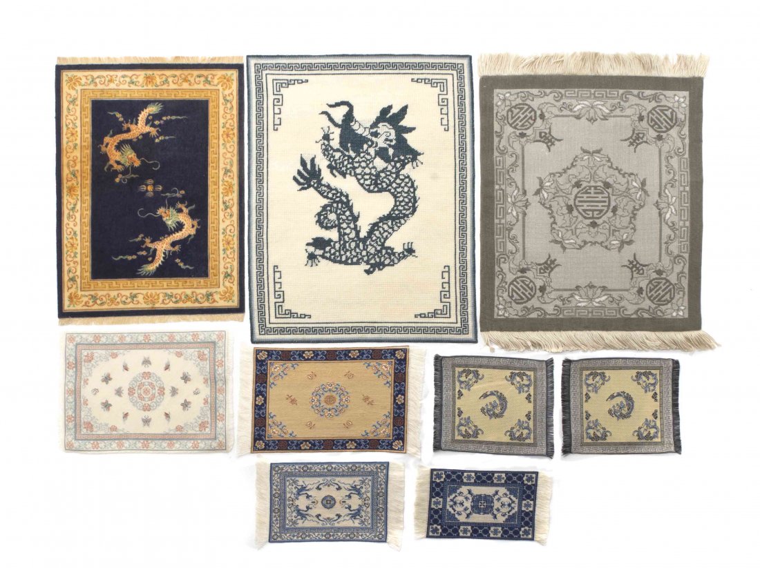 A Collection of Nine Rugs, Dimensions of largest 12 1/4: A Collection of Nine Rugs, each in the Chinese taste, comprising one by Jane Van Beckum and another by Phyllis Sirota, including some needlepoint examples. Dimensions of largest 12 1/4 x 9 inches. The