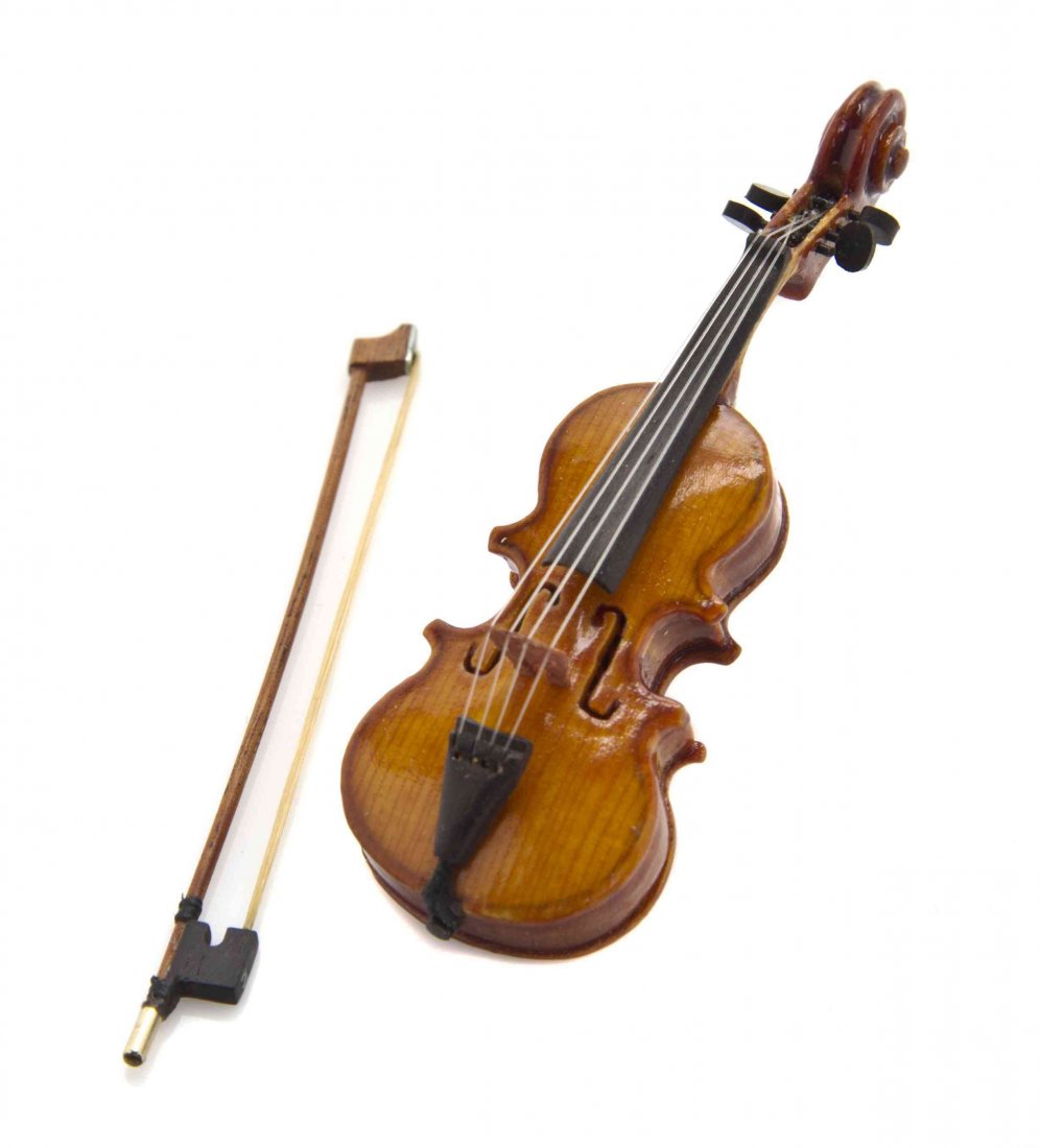 A Scale Model of a Violin, W. Foster Tracy, Length 2: A Scale Model of a Violin, W. Foster Tracy, made of birds-eye maple, spruce and ebony, the bow made with pernambuco wood, 14K gold end and sterling silver plug, signed to interior of instrument, set i