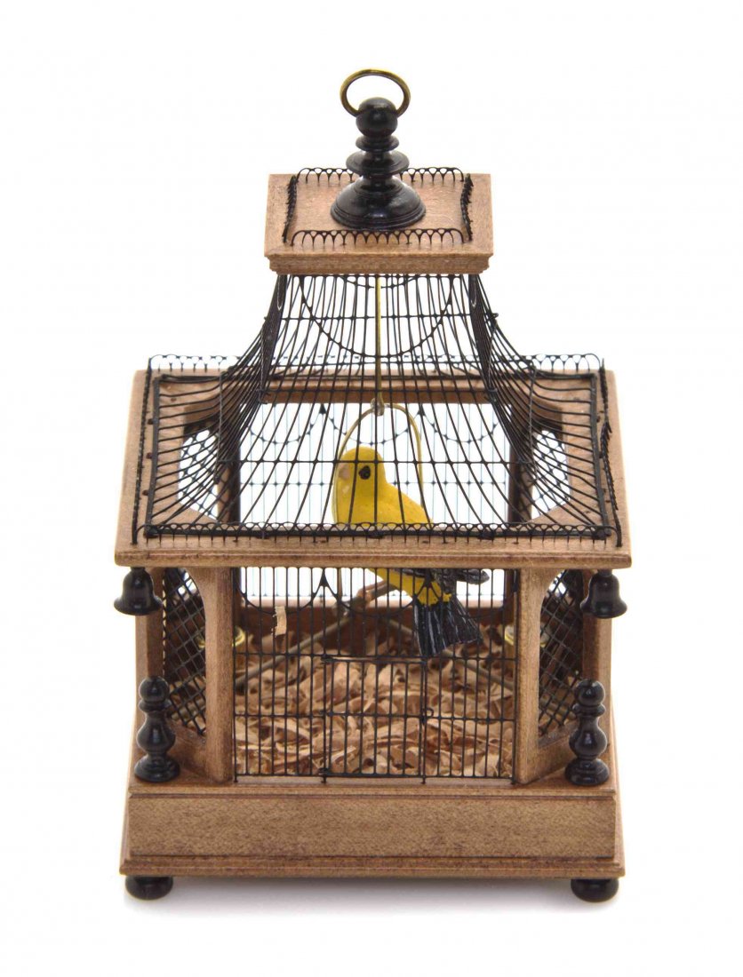 A Wirework, Maple and Ebonized Wood Birdcage, William: A Wirework, Maple and Ebonized Wood Birdcage, William R. Robertson, having a peaked top over the rectangular body, complete with a swinging canary, the base bearing a tag engraved WM R Robertson. Heig