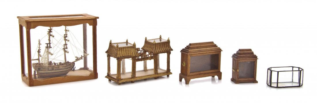 A Group of Display Articles, Width of widest 3 3/8: A Group of Display Articles, comprising two vitrine cases wired for electricity, a ship in a vitrine case and two terrariums. Width of widest 3 3/8 inches. The Adell Venus Collection of Miniatures Pro