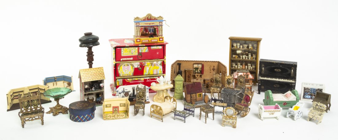 A Collection of Miscellaneous Articles, Height of: A Collection of Miscellaneous Articles, comprising architectural structures, furniture, dioramas, ornaments, decorative items and others. Height of tallest 5 inches. The Adell Venus Collection of Mini