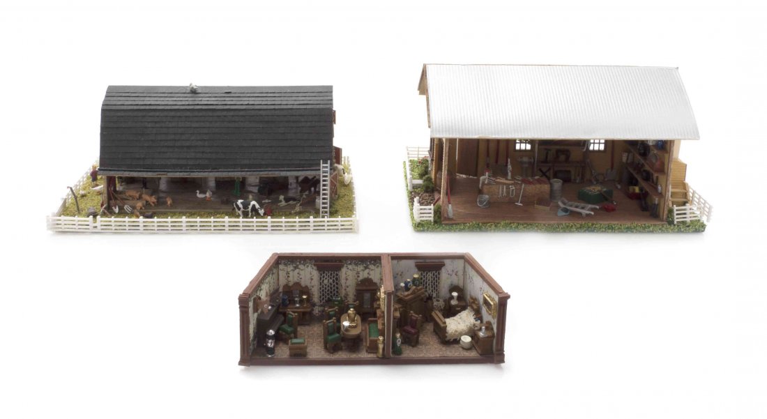 Two Diminutive Architectural Scenes, C. Brower, Width: Two Diminutive Architectural Scenes, C. Brower, complete with accessories, including a barn (2001) and a workshop (2003), together with a house scene by Lew Kummerow. Width of widest 5 1/4 inches. The