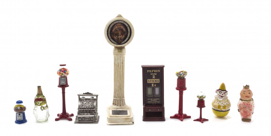 A Collection of Vending Machines, Height of tallest 5: A Collection of Vending Machines, comprising peanut, Pepsin gum by Ron Bufton and three gumball examples, together with a fortune telling scale, pewter cash register, two blown glass candy ornaments a