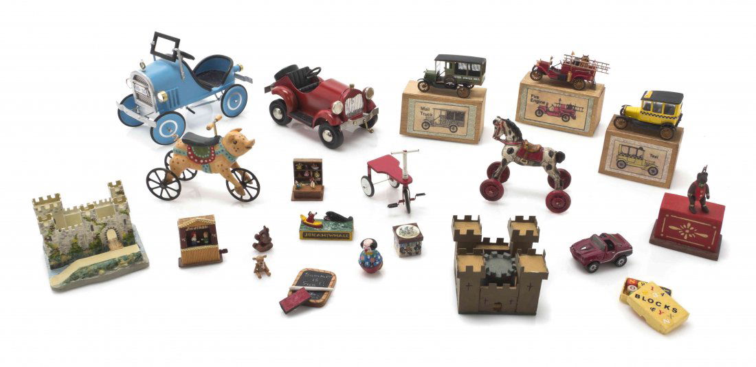 A Collection of Toys, Length of longest 3 3/8 inches.: A Collection of Toys, comprising a mechanical drummer, a Mickey and Minnie Mouse pull toy and two clown push toys, all by Burkey, two jack-in-the-boxes and a lamb pull toy by R. Delany, S. Kruger item