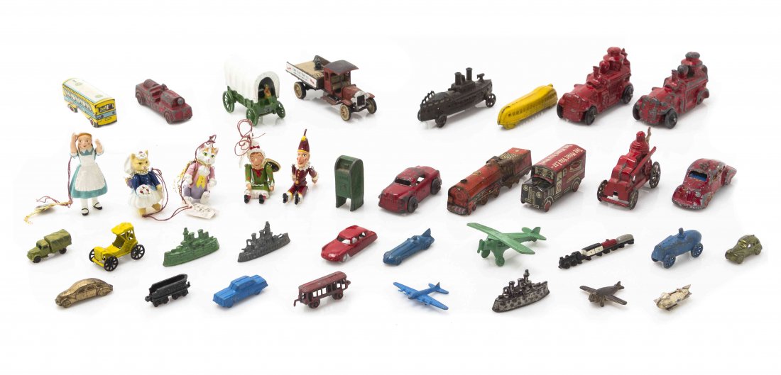 A Collection of Painted Metal Toys, Width of widest 2: A Collection of Painted Metal Toys, comprising examples by Tootise Toy, Hantel Pewter Toys and others; approximately 80 items total. Width of widest 2 3/8 inches. The Adell Venus Collection of Miniatu