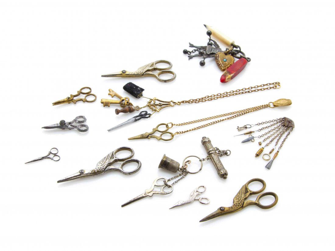 A Collection of Eight Miniature Scissors, Length of: A Collection of Eight Miniature Scissors, of various materials, including four sewing type examples in the form of birds, together with four chatelaines and another group. Length of longest 3 1/2 inch