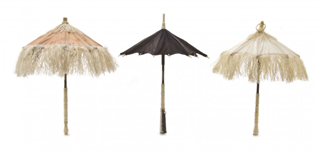 Three Bone and Silk Parasols, Length of longest 7 7/8: Three Bone and Silk Parasols, two including fringe and another with silvered metal mounts. Length of longest 7 7/8 inches. The Adell Venus Collection of Miniatures Property from the Estate of Adell Ve