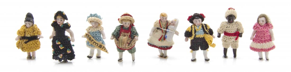 A Collection of German Bisque Miniature Dolls, Height: A Collection of German Bisque Miniature Dolls, mostly by Carl Horn with crocheted outfits; approximately 50 items total. Height of tallest 1 5/8 inches. The Adell Venus Collection of Miniatures Proper