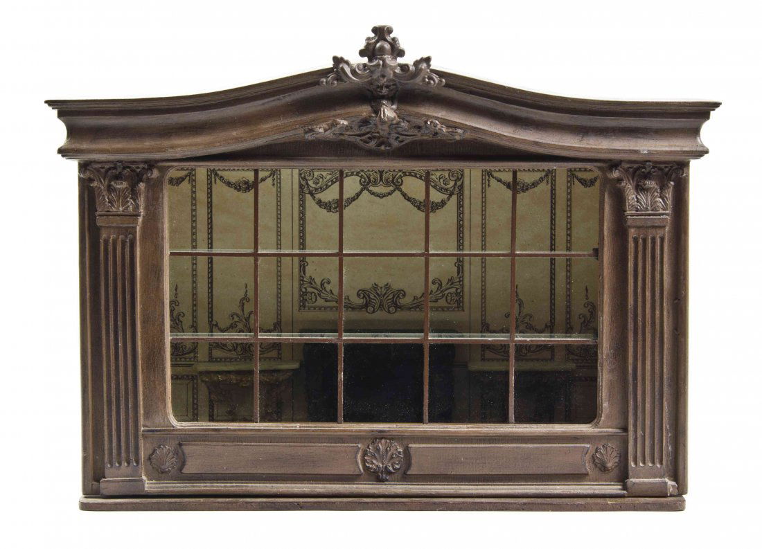 A Painted and Molded Diorama, Eugene Kupjack, Height 12: A Painted and Molded Diorama, Eugene Kupjack, having a domed molded cornice above the body with a front paneled glazed window flanked by column decoration, the interior with wallpaper, faux marble fir