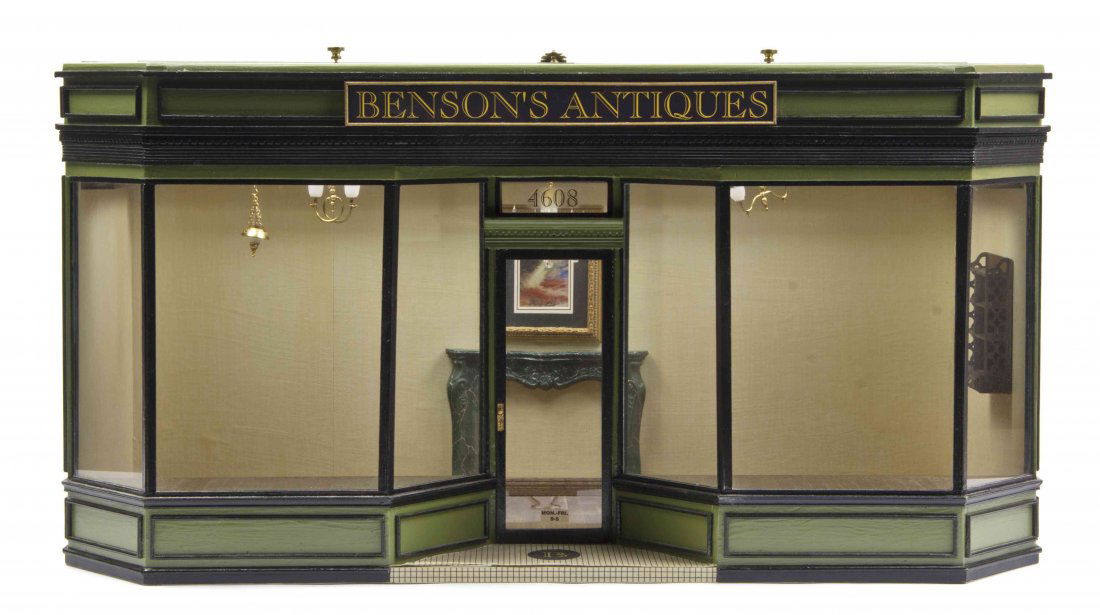 A Painted Wood Store Display Diorama, Stuart D.: A Painted Wood Store Display Diorama, Stuart D. Gootnick, of rectangular form having canted corners, over the conforming body with a paneled frieze centered with a sign reading Benson's Antiques, over
