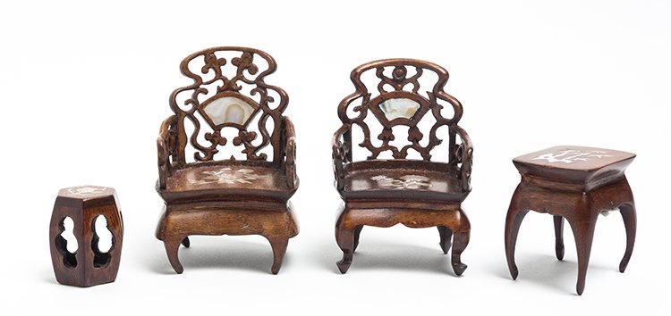 A Suite of Four Chinese Wood and Mother-of-Pearl Inlaid: A Suite of Four Chinese Wood and Mother-of-Pearl Inlaid Furniture, comprising two chairs, a garden stool and a side table. Height of chair 3 3/4 inches. The Adell Venus Collection of Miniatures Proper