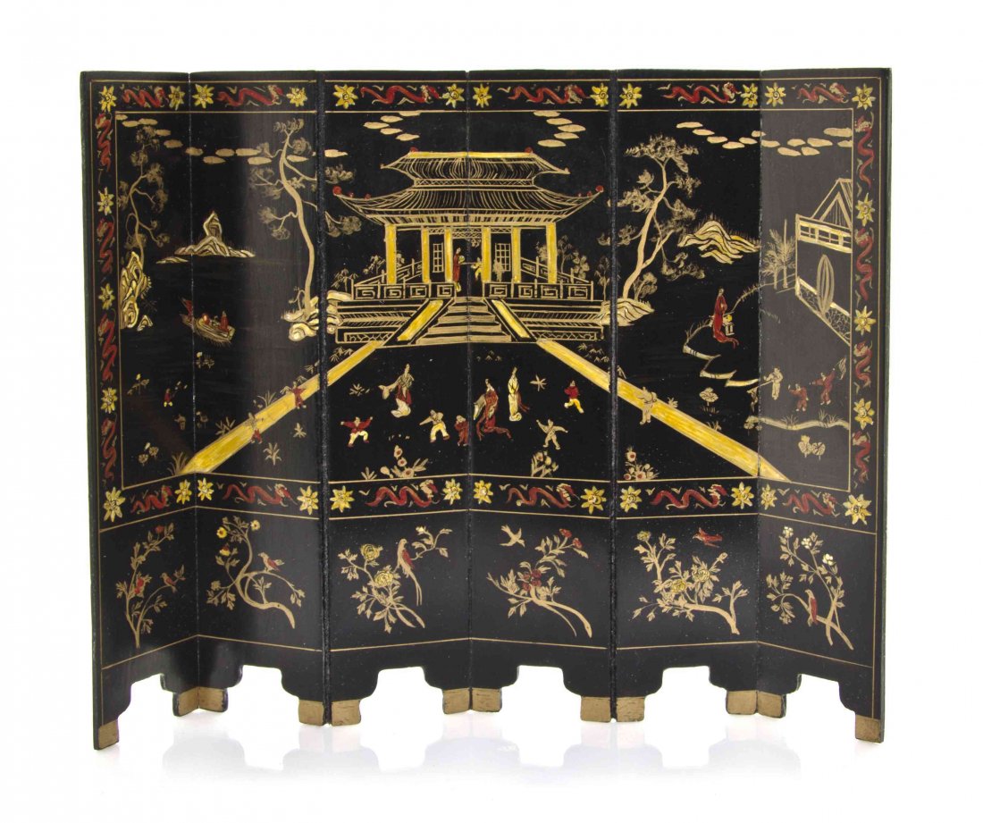 A Chinese Two-Panel Wood Tablescreen, Height of first 6: A Chinese Two-Panel Wood Tablescreen, each panel relief carved with figural scenes, together with two Japanese painted wood examples. Height of first 6 inches. The Adell Venus Collection of Miniatures
